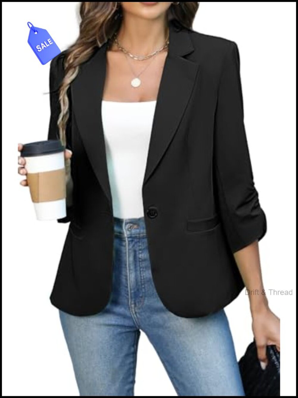 Ruched 3/4 Sleeve Blazer Lightweight Fitted Women's Jacket Business Casual